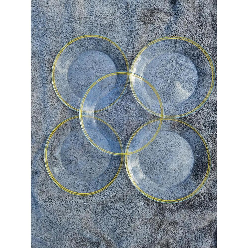 Vintage Arcoroc France Clear Glass Plates Set of 5 | Yellow Stripe 9"
